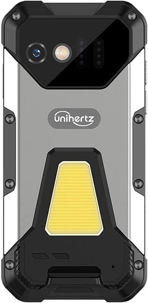 Unihertz Tank Mini rear view, showing dual cameras, LED flash, and yellow light panel on black and gray rugged phone body