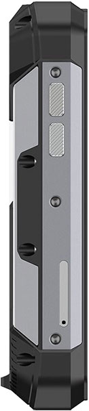 Unihertz Tank Mini rear view, showing gray and black rugged phone with textured panels and physical buttons along the sides