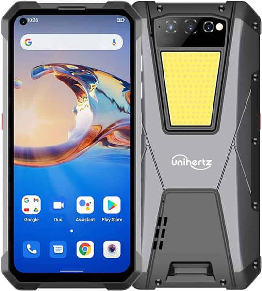 Unihertz Tank front and rear views. Left side shows screen with Google search bar and app icons. Right side shows rugged black design with yellow notification light and camera array