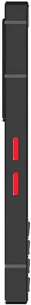 Side view of slim black Unihertz Titan 2, highlighting two red buttons and several small black buttons near the bottom edge.