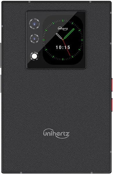Rear view of black Unihertz Titan 2 showing textured back, dual cameras, circular clock display, and red/white side buttons.