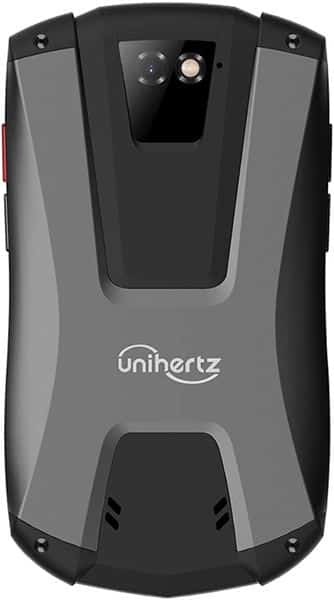 Unihertz Titan Pocket rear view, showing dual camera and flash on black and gray ruggedized phone body