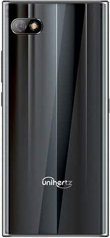 Rear view of black Unihertz Titan Slim showing dual rear cameras, flash, white logo, and glossy back with vertical lines.