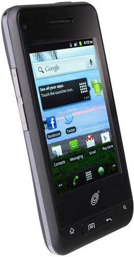Unimax MAXBravo smartphone, front view, displaying home screen with Google search bar and app icons including Facebook, messaging, and contacts on black screen