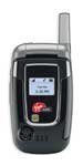 UTStarcom 8915 Snapper flip phone, front view, open with screen displaying interface and antenna extended