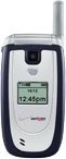 UTStarcom CDM-7075 flip phone, front view, open position with antenna extended and screen displaying text