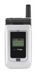 Front view of closed silver UTStarcom CDM-8905 flip phone showing small external screen, antenna, and Verizon Wireless logo.