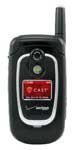 Front view of a closed black UTStarcom CDM-8945 flip phone, external screen showing "CASE," Verizon logo, top-right antenna.