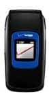 Front view of closed black UTStarcom CDM-8630 Coupe flip phone, blue accent, external screen with Verizon logo visible.