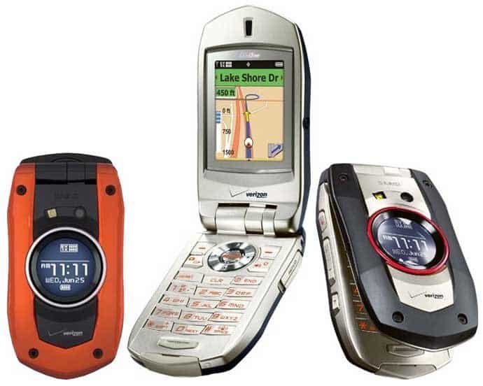 Casio G'zOne Boulder rugged flip phones in three views: closed front and back, and open displaying a GPS map
