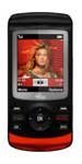 PCD Shuttle phone, front view, with small screen displaying image and black body with red accent band