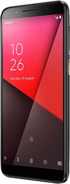 Vodafone Smart N9 smartphone, front view, displaying home screen with time 10:26 and geometric red background design