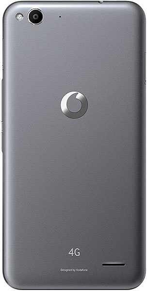 Vodafone Smart Ultra 6 rear view: gray finish, single top-left camera, center logo, "4G" and speaker at the bottom.