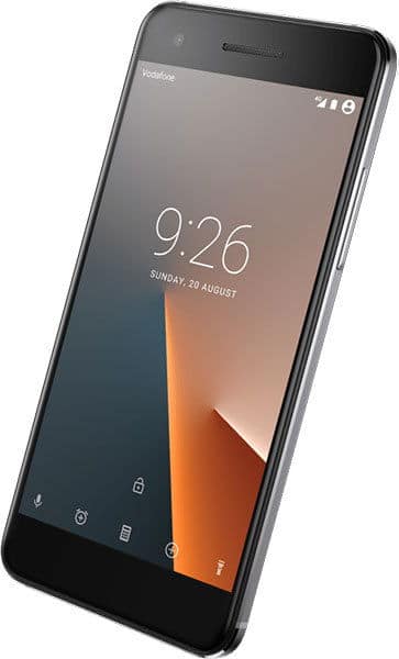 Front view of black Vodafone Smart V8 smartphone with screen on, showing 9:26, Sunday 20 August, running Android OS.