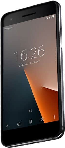 Vodafone Smart V8 in angled front view, display on with time 16:26, date 13 August, Vodafone network visible top left.