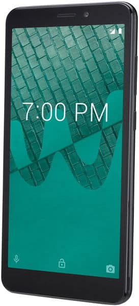 Black Wiko Ride smartphone angled right, front display shows 7:00 PM and teal geometric patterned background.