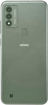 Wiko Voix rear view, showing triple camera setup and fingerprint sensor on green back panel