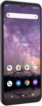 Wiko Voix smartphone, front view, displaying purple galaxy wallpaper with search bar and app icons on home screen