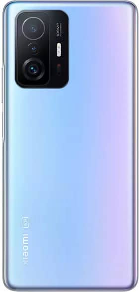 Xiaomi 11T Pro rear view, showing gradient blue-to-purple back panel and triple camera module in upper left corner