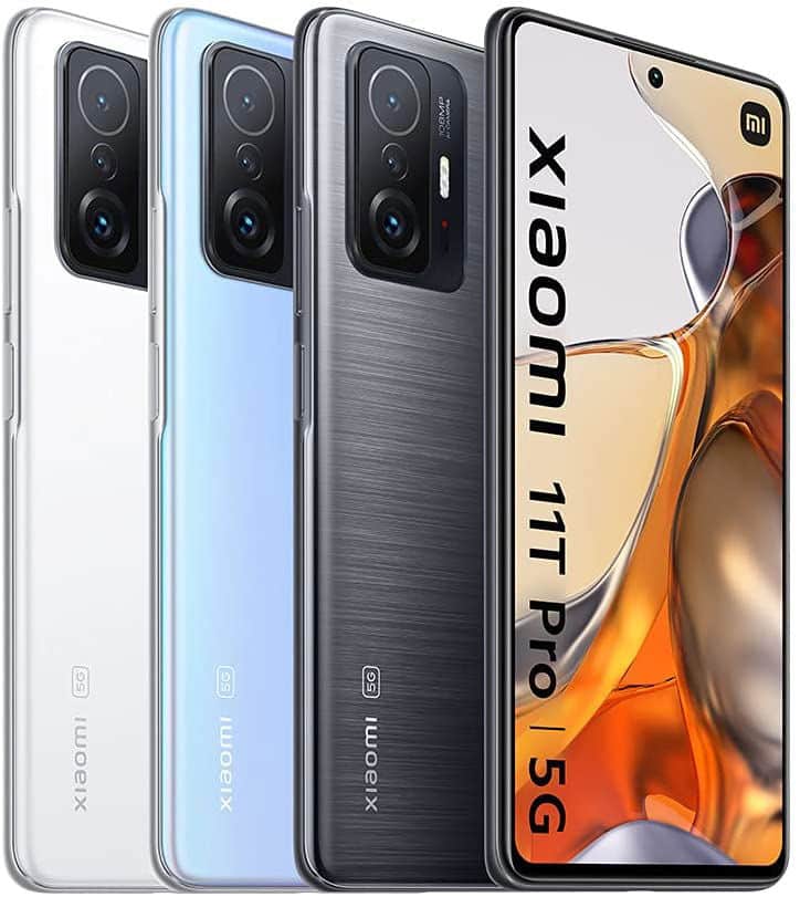 Xiaomi 11T Pro rear view in four color variants: white, light blue, dark gray, and black, showing triple camera setup and display screen