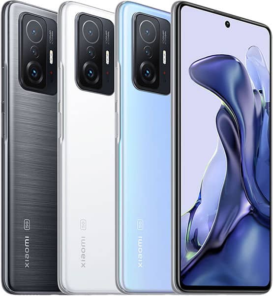 Xiaomi 11T front and rear views in four color options: gray, white, light blue, and black, showing dual camera setup and display