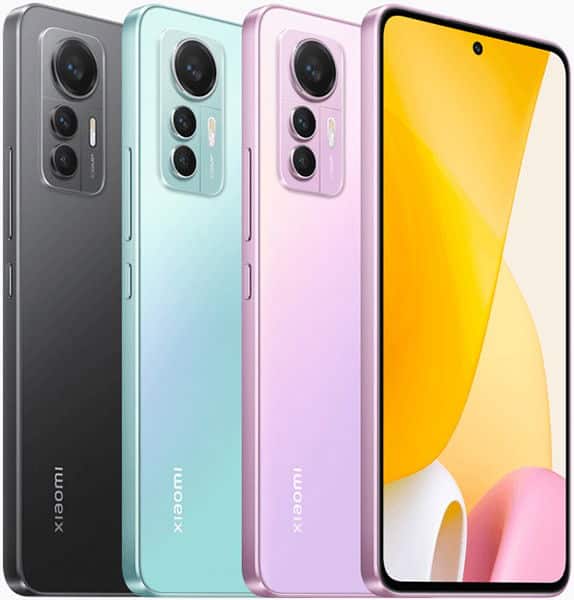 Three Xiaomi 12 Lite phones upright: rear view in black, green, pink; right pink phone also shows front display.