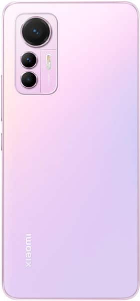 Rear view of pink Xiaomi 12 Lite showing triple camera and flash in top left module, Xiaomi logo at lower left.