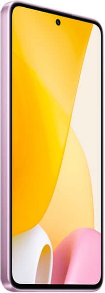 Xiaomi 12 Lite angled front view showing pink frame, centered front camera, and yellow-pink abstract wallpaper on display.