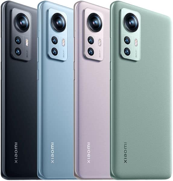Xiaomi 12 Pro rear view in four color options: black, blue, pink, and green, showing triple camera setup