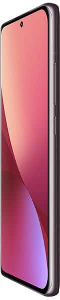 Xiaomi 12 smartphone shown from the side with edge-to-edge display on, showing pink-purple gradient and two visible side buttons.