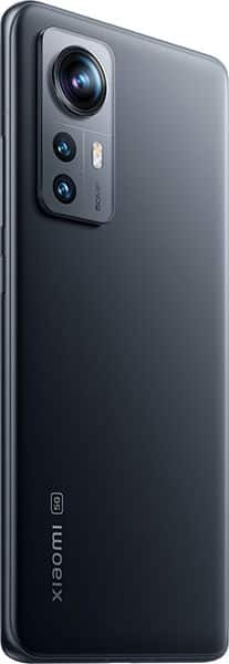 Matte black Xiaomi 12 5G viewed from rear angle, showing triple cameras and Xiaomi logo near bottom of the back panel.