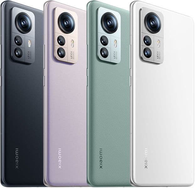 Rear view of four Xiaomi 12S Pro phones in black, purple, green, and white, with large cameras and subtle branding.