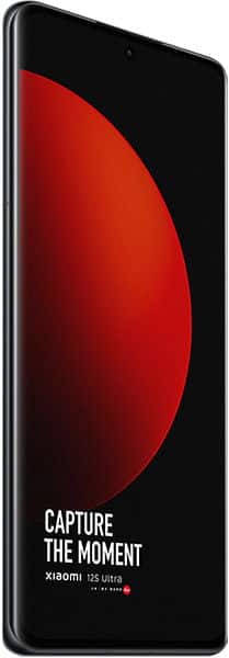 Front view of black Xiaomi 12S Ultra showing display with "CAPTURE THE MOMENT" and Leica logo, promoting camera features.