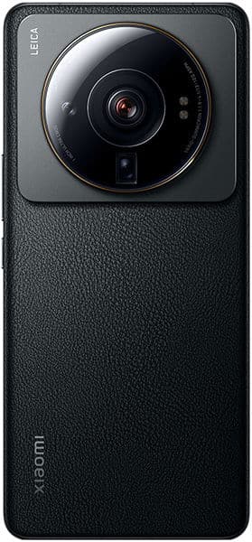Rear view of black Xiaomi 12S Ultra showing large circular Leica camera module, textured back, and Xiaomi logo at the bottom.