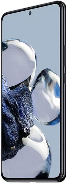 Xiaomi 12T Pro front angled view; slim black frame, centered punch-hole camera, abstract blue and silver on display.