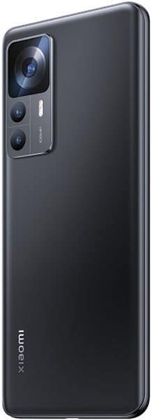 Rear view of black Xiaomi 12T shows triple-lens camera module, LED flash top left, and Xiaomi logo near the bottom left.