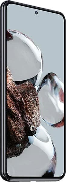 Xiaomi 12T smartphone at angled front view, slim black frame, screen on showing glossy bubbles and textured brown pattern.