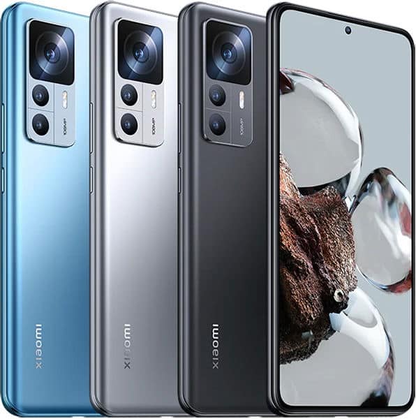 Xiaomi 12T in blue, silver, and black shown from rear and side; one displays front screen with rocks and water bubbles wallpaper.
