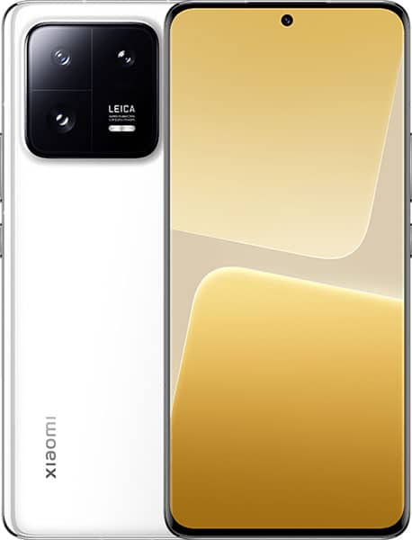 Xiaomi 13 Pro rear and front view, white phone with large square camera module featuring Leica branding and dual lenses, golden gradient display visible on screen
