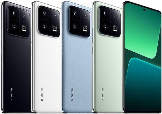Xiaomi 13 Pro in five color variants shown from rear view: black, white, blue, green, and a fifth model with green display visible on the right