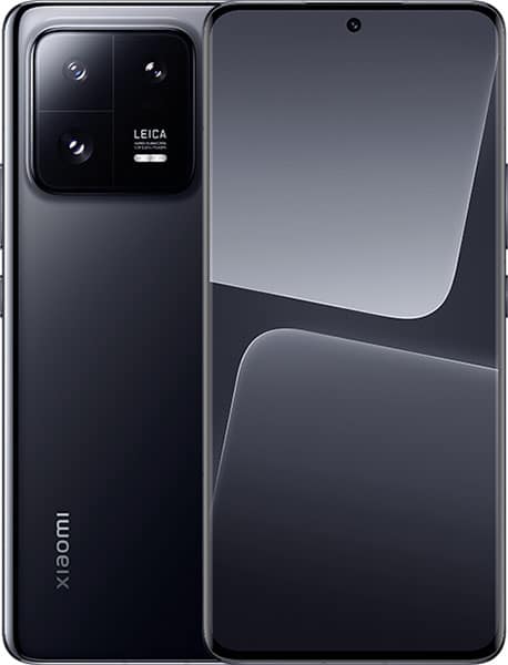 Xiaomi 13 Pro rear view, black finish, showing triple camera array with Leica branding and display screen