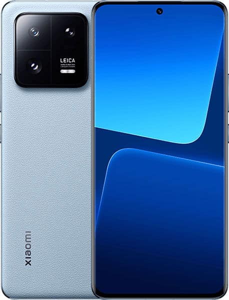 Xiaomi 13 Pro rear view, light blue, showing square camera module with Leica branding and display with blue wallpaper