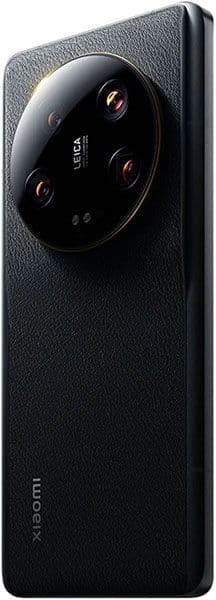 Xiaomi 13 Ultra rear view, showing textured black leather back with large circular camera module containing multiple lenses and LED flash