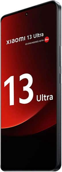 Xiaomi 13 Ultra phone displayed front-facing with screen showing product name and "13 Ultra" text on red and black background