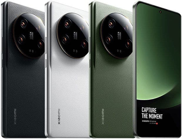 Xiaomi 13 Ultra rear view showing black, white, and green color options with circular camera module, plus front display on rightmost unit