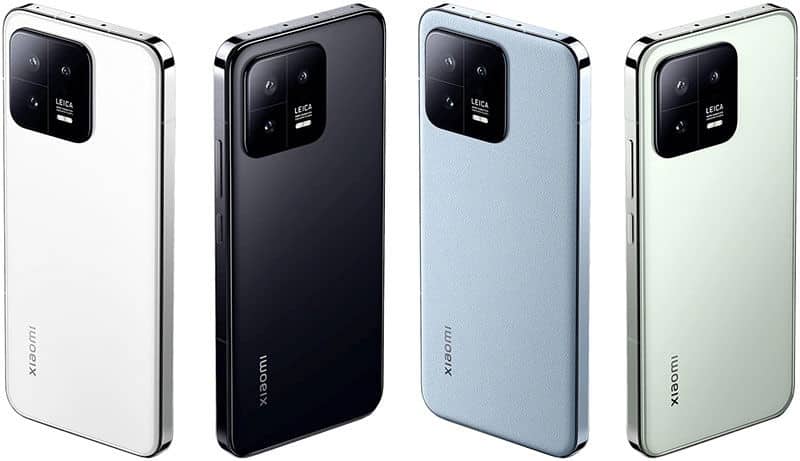 Xiaomi 13 rear view, four color variants: white, black, light blue, and light green