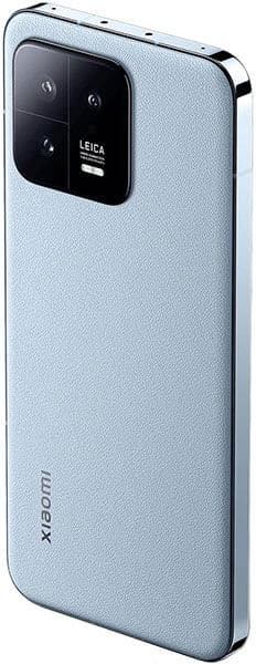 Xiaomi 13 rear view, light blue finish with square camera module featuring Leica branding and multiple lenses