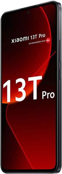 Xiaomi 13T Pro smartphone front view with display on, showing the device name and "13T Pro" text on red and black background