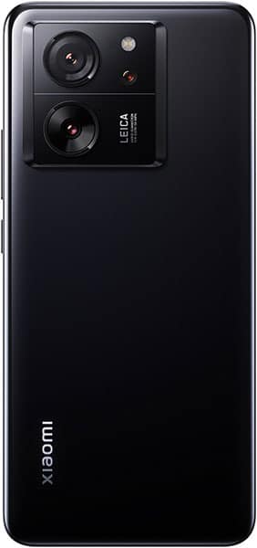 Xiaomi 13T Pro rear view, black, showing dual camera module with Leica branding and flash