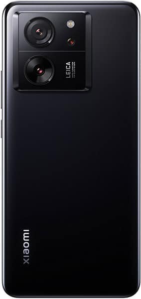 Xiaomi 13T rear view, black, showing dual camera setup with Leica branding and flash